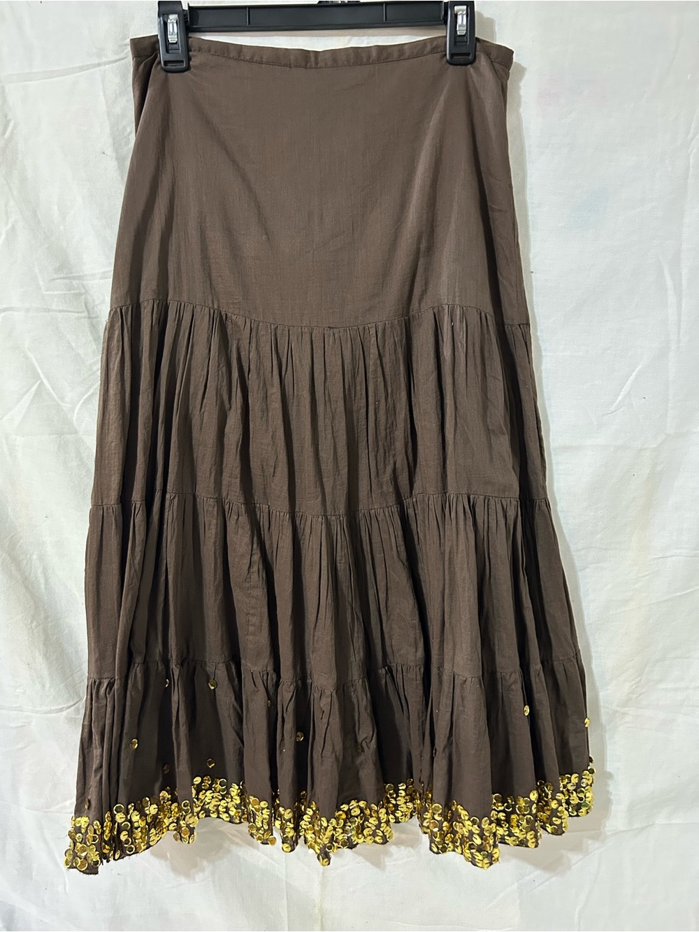 Vintage 90s Y2K Brown Tiered Midi Skirt Gold Sequin Boho 32” Waist